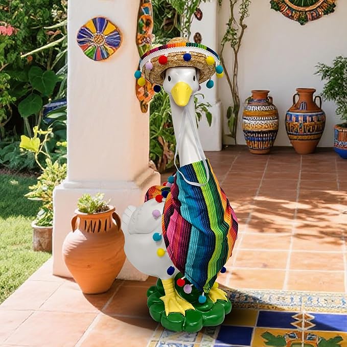 Porch Goose Statues + Porch Goose Outfits, 20" Large Durable Resin Goose Statue Decor with Fun Porch Goose Clothes, Mexican Sombrero Scarf Decorations Diy Indoor Outdoor Garden Patio Yard Lawn Gifts