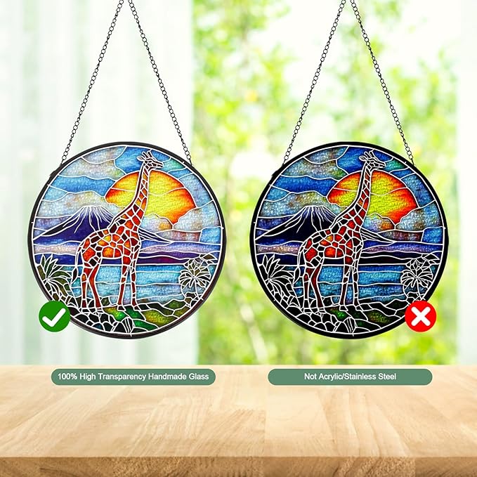 Wkyqes Giraffe Handmade Stained Glass Window Hanging Suncatcher with Chain - 7.9" Outdoor/Indoor Art Decor for Home Garden, Wedding, Mother's, Valentine's & Christmas Ornaments Present Gifts
