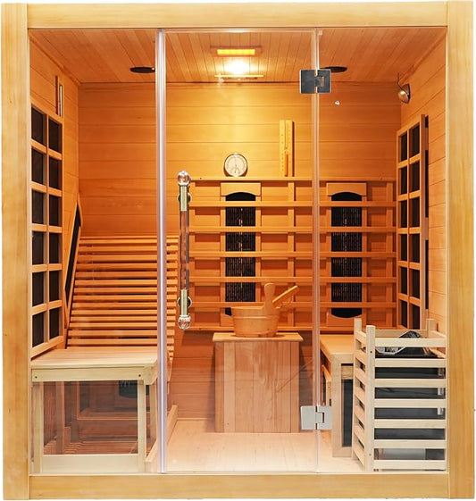 Smartmak Dual-System Red Cedar Wood Sauna, 2-3 Person Steam Home Sauna, Full-Spectrum Infrared Heating Panels, 6kW Havia Electric Heater, Wooden Bucket and Ladle, Oxygen Bar (220V)(Cedar, 3 Person)