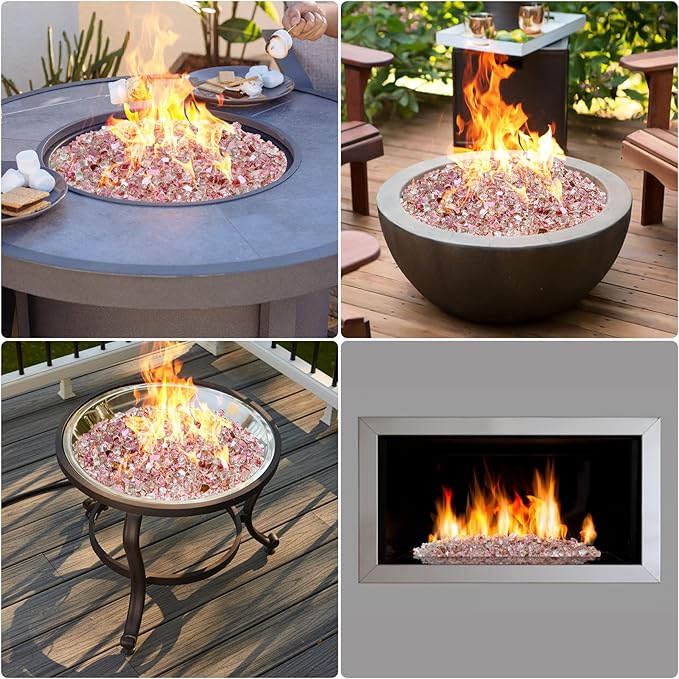Onlyfire 10 pounds Fire Glass for Propane Fire Pit and Gas Fireplace, 1/4 Inch Reflective Firepit Glass Rocks for Fire Pit Table and Fire Bowl, High Luster Rose Gold