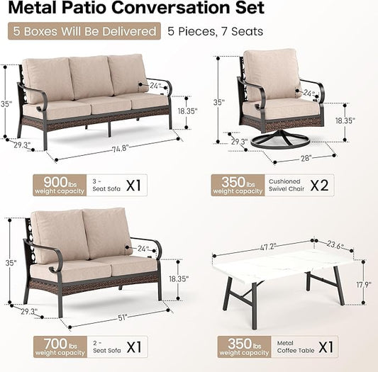 5 Piece Metal Outdoor Patio Furniture Set, Patio Conversation Sets 3-Seater Sofa, 2-Seater Sofa, 2 Swivel Chair with 5.75" Thick Cushion & Coffee Table Black Backyard Furniture, Beige