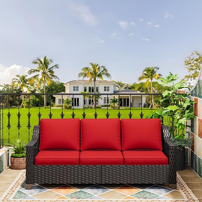 77'' Patio Sofa, All Weather Outdoor Rattan Wicker 3-Seat Sofa High Back Couch with Premium Cushions for Garden Backyard Porch(Brown/Red)