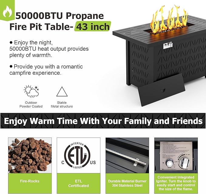 Dineli 43-Inch Rectangular Propane Fire Pit Firepits for Outside Patio Fire Pit Table, Gas Fire Pits with Adjustable Feet, Tabletop Fire Pits for Backyard Deck Balcony, 50,000 BTU, Black