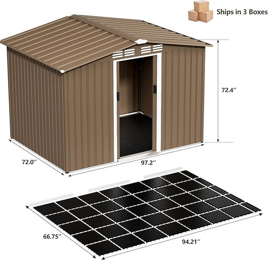 8x6FT Outdoor Storage Shed with Floor,Lockable Sliding Doors Outdoor Waterproof Tool Storage Sheds,Metal Storage Shed for Garden, Patio, Backyard(Brown)