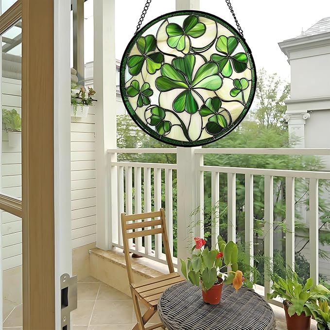 CRISGIF Stained Glass Window Hanging - Ireland Green Lucky Clover Suncatcher for Doors Garden St. Patrick's Day Sun Catchers Decor Mother's Day Birthday for Women Men Mom Nana 6.3 in
