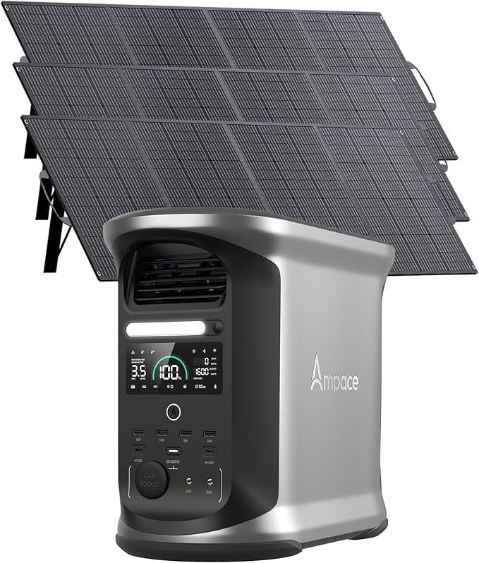 AMPACE Andes 1500 Portable Solar Power Station with 3 * 200W Solar Panels Included, 1462Wh LFP Solar Generator, 2400W(Surge 3600W) Output, 1800W AC Charging/600W Solar, Emergency Backup for Home Use