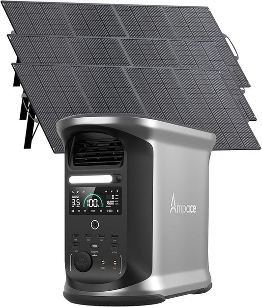 AMPACE Andes 1500 Portable Solar Power Station with 3 * 200W Solar Panels Included, 1462Wh LFP Solar Generator, 2400W(Surge 3600W) Output, 1800W AC Charging/600W Solar, Emergency Backup for Home Use