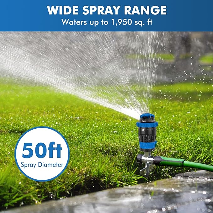 RESTMO Gear Drive Sprinkler with Metal Spike Base, 5-Pattern Heavy Duty Gardening Watering System, Multi-Adjustable Lawn Sprinkle for Garden Plant, Flower Bed and Large Yard Area Watering, Blue