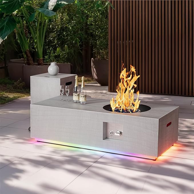 48 inch Propane Fire Pit Table, 2 in 1 Outdoor Fire Pit with 20lb Tank Cover, Outside Patio Deck and Garden, LED Gas Fireplace Table with Lid and Stone, Light Grey, RGB Light