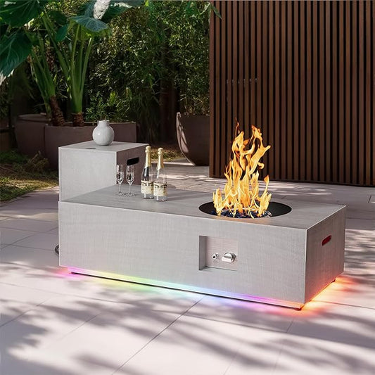 48" Patio Fire Pit Table Round Burner with Multiple Color LED Lights, 50,000 BTU Fire Pit Table with Lid, Rocks, Cover & Tank Storage, Propane Outdoor fireplace (Light Grey/RGB Light, 48" LED)