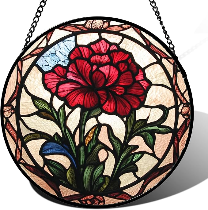 AMDERVEN Stained Glass Window Hanging - Red Carnation Birth Flower Sun Catcher for Door Garden Home Decor Suncatcher Christmas Mother's Day Birthday Gifts for Women Men Mom Nana Friend Wife 15 in