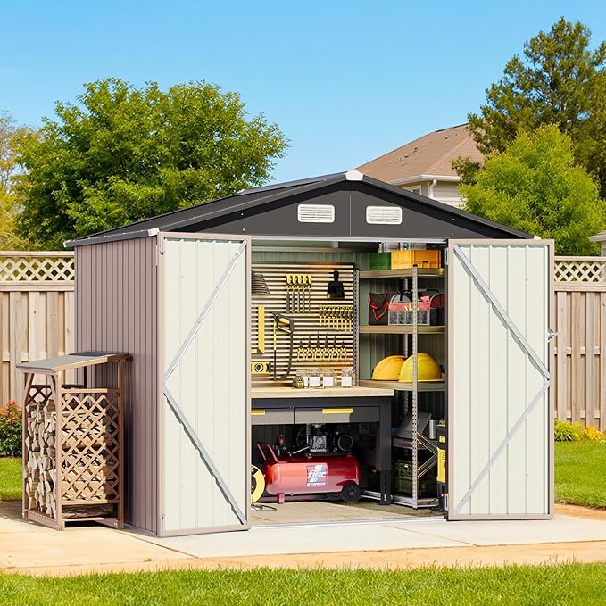 8x6 FT Outdoor Storage Shed & Lockable Double Doors, Heavy-Duty Galvanized Steel Outdoor Metal Shed for Bike, Tool, Generator Storage in Backyard, Patio (8’x6’)