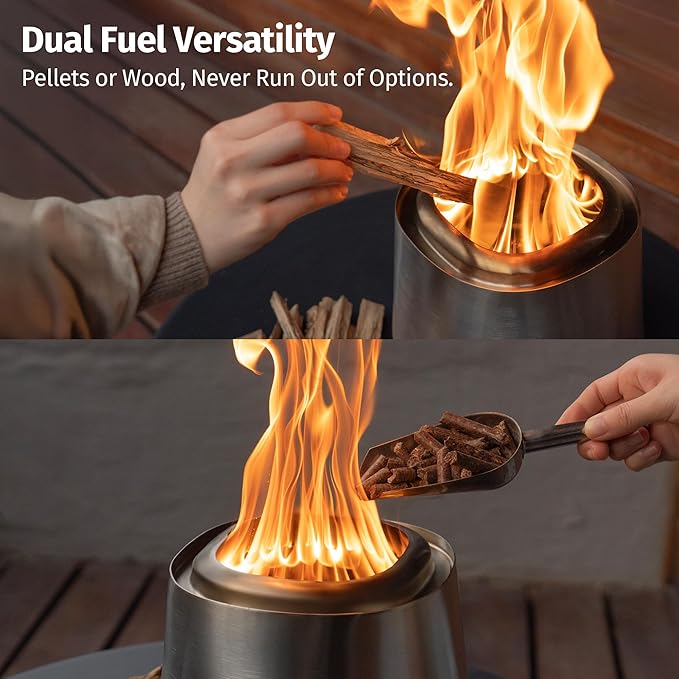 EAST OAK Fuoco Smokeless Tabletop Fire Pit | 3-in-1 Ash Pan | Portable Wood & Pellet Firepit | Stainless Steel | 120% More Efficient Burn | Backyard, Patio & Camping | Easy Ignition & Compact Design