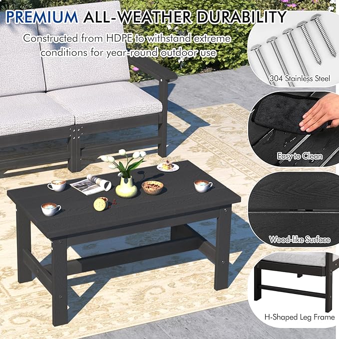 3-Piece HDPE Patio Furniture Set, All-Weather Outdoor Sectional Sofa Set with Side Table & Cushions - Wood-Like Composite Conversation Couch for Deck, Lawn, Balcony - Black Frame