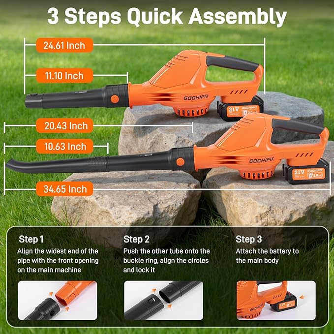 Leaf Blower Cordless, 2 * 21V 3.0Ah Battery and Charger, 5 Speed Levels, Lightweight 180 CFM 130 MPH Electric Powered Blower w/Extension Tube for Patio Lawn Care, Leaf Dust Blowing
