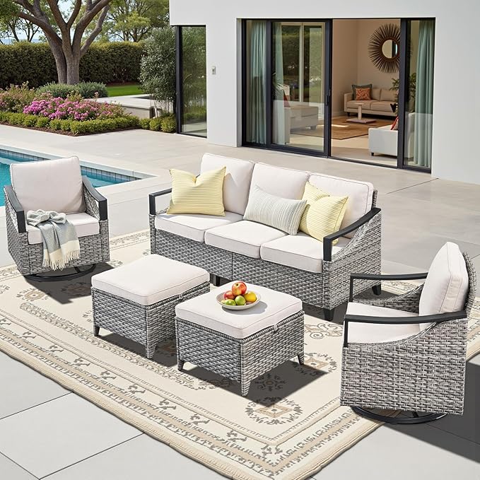 5 Pieces Patio Furniture Sets - All Weather Outdoor Swivel Rocker Patio Chairs with 3-Seat Sofa and Multifunctional Ottomans, Outdoor Conversation Set for Garden Porch Balcony Deck Gray/Beige
