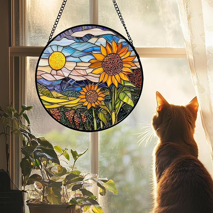AMDERVEN Stained Glass Suncatcher, Sunflower Flowers Landscape Sun Catcher Plant Mountains Stain Glass Window Hanging Decoration Mother's Day Birthday Gifts for Women Men Mom Nana 15 in