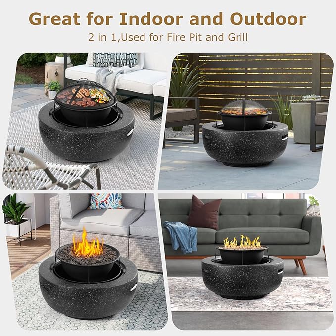 Outdoor Round Fire Pit 23.5” Faux Concrete Burning Firepit Portable Charcoal Grill for Patio Garden Backyard Barbecue, with Spark Screen, Firebowl, Poker, Stainless Steel Rack