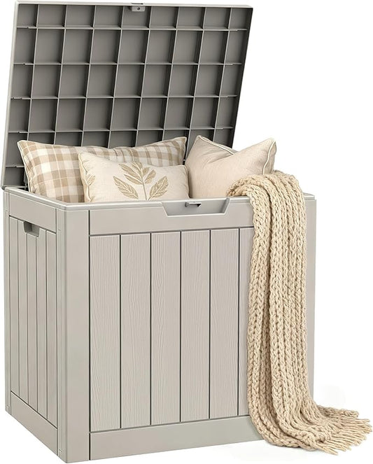 31 Gallon Deck Box, Small Outdoor Storage Box Waterproof, Outside Resin Storage Bin for Outdoor Patio Furniture Pillow, Pool Supply, Garden Tool, UV-Resistant and Weatherproof, Light Brown