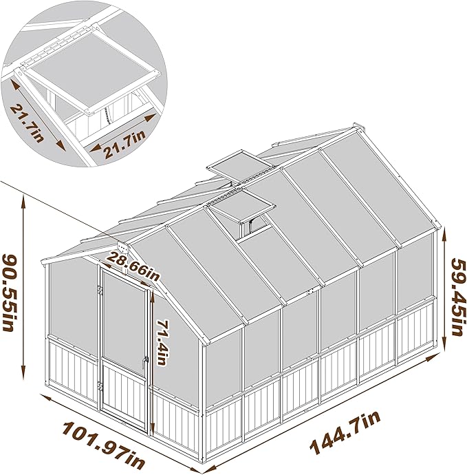 8x12 FT Greenhouse Kit with 6MM Thick Polycarbonate Panel for Outdoor, Wooden Walk-in Green House with Adjustable Roof Vent and Lockable Door, Backyard, Garden, Light Mocha Brown
