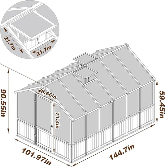 8x12 FT Greenhouse Kit with 6MM Thick Polycarbonate Panel for Outdoor, Wooden Walk-in Green House with Adjustable Roof Vent and Lockable Door, Backyard, Garden, Light Mocha Brown