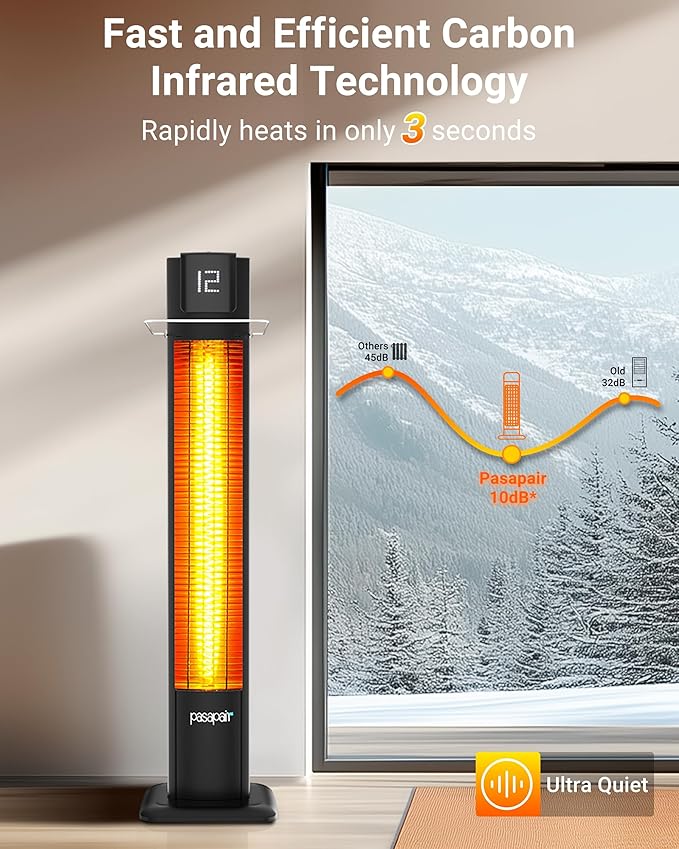 Pasapair 42" Outdoor Patio Heater - 1500W Infrared Tower Heater with Remote 12 Heat Levels and 9H Timer - IP55 ETL Certified for Garage, Indoor, Porch
