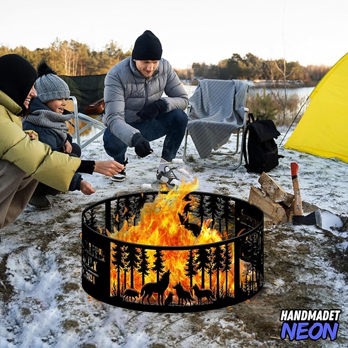 Personalized Fire Pit Ring 360 Degree, Outdoor Fireplace, Custom Text Fire Pits for Outside, Patio Firepit, Camping Bonfire Firepits, Garden BBQ Backyard Decor (Wolf)