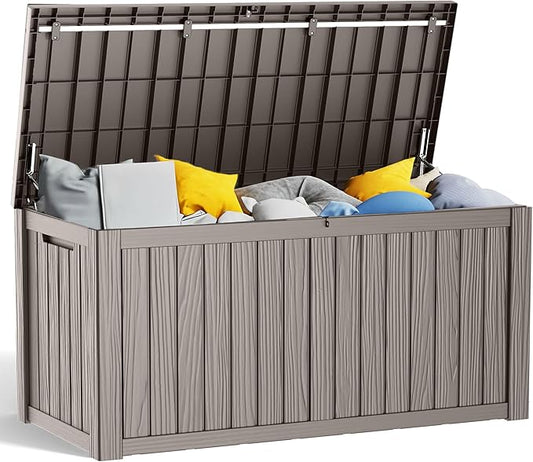 EasyUp 150 Gallon Outdoor Storage Box, Resin Waterproof UV-Resistant Deck Box with Hydraulic Lid Support, Reinforced Stability for Patio, Garden, and Poolside, Striped Gray