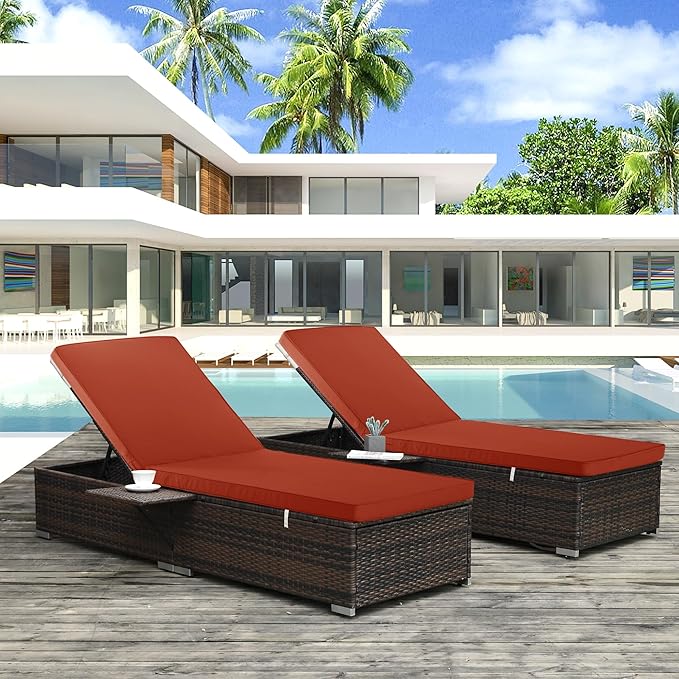 Outdoor Chaise Lounge Cushion Set of 2, Fadesafe Water-Repellent Lounge Deck Reclining Chair Cushions for Patio Furniture Lawn Pool Resort Hotel, 72x21x3 Inch, Rust