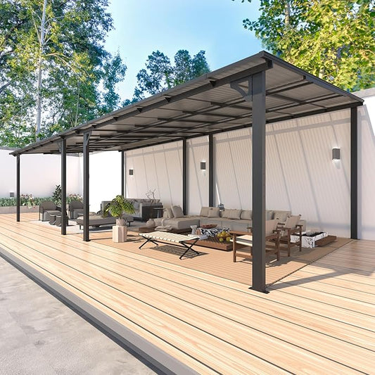 AECOJOY 24' x 12' Gazebo for Patio, Large Wall-Mounted Hard Top Lean-to Gazebo Pergola with Roof 12' x 24' on Clearance, Heavy Duty Patio Awnings for Decks, Backyard