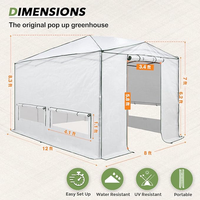 EAGLE PEAK Instant Pop-up Greenhouse, Indoor Outdoor Plant Gardening Green House, Roll-Up Zipper Doors and Side Windows & Winter Support Pole, Heavy Duty Walk in 12x8 ft, Woven PE Cover, White