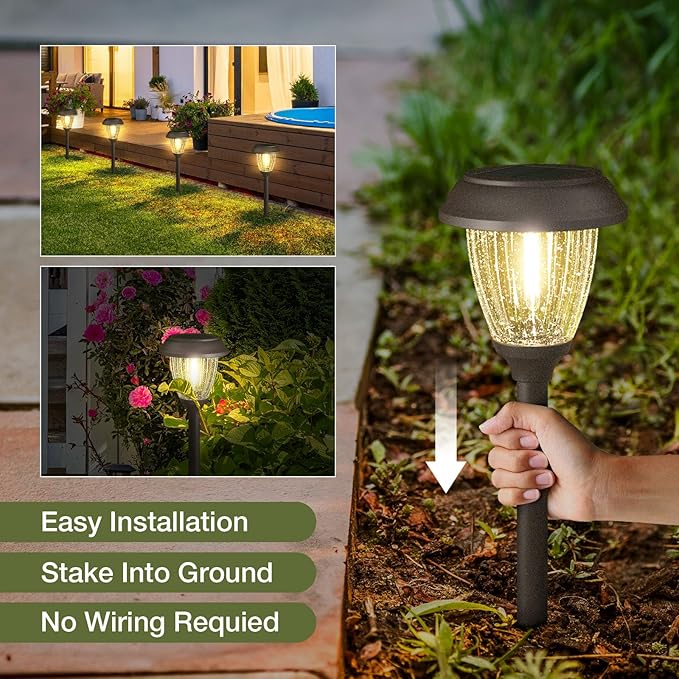 XMCOSY+ Solar Pathway Lights Outdoor, Glass & Stainless Steel Garden Lights with 2 Lighting Modes (10/25 LM), IP65 Waterproof, Warm White for Yard, Walkway, Driveway, Patio & Path (6 Pack)