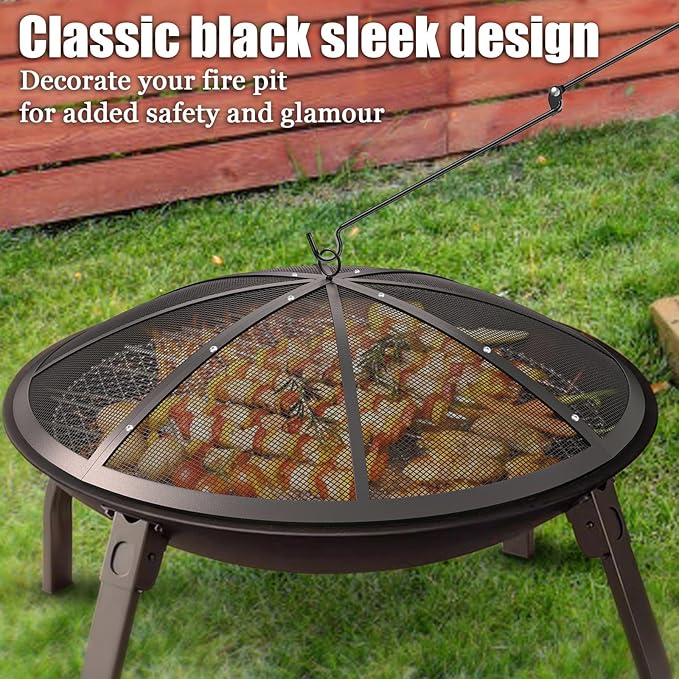 Fire Pit Spark Screen, 24Inch Fire Pit Lid Outdoor with Handle & Poker, Heavy-Duty Mesh Firepit Cove with 12 Reinforced Bars for Backyard/Beach/RV Camping