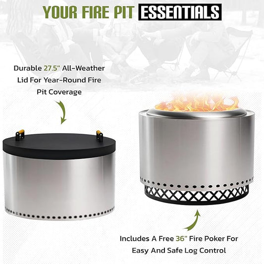 FEBTECH - Smokeless Fire Pit Accessories Combo – 23" Carbon Steel Base, 27.5" Lid with 2 Wooden Handles – Durable Smokeless Firepit Accessories for Camping, Patio, Backyard