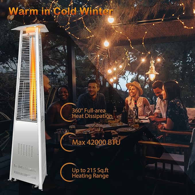 Tangkula Patio Propane Heater, 42,000 BTU Pyramid Outdoor Heater with Tip-Over and Flameout Protection, Quartz Glass Tube, Wheels