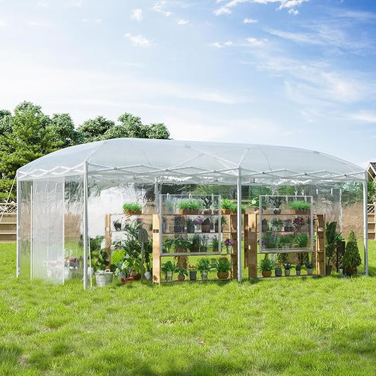 AMERLIFE 19.2×10×8.5 FT Pop-up Greenhouses for Outdoors Indoor with Adjustable Strong Frame, Movable Walk in Greenhouse with 2 Roll-up Zipper Doors, Windows and PE Cover, White