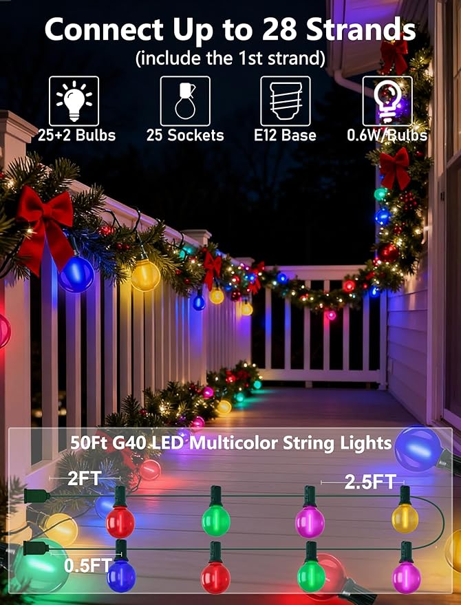 Pallerina 50Ft Outdoor Frosted Multicolor Lights, LED G40 Globe Patio String Lights with 25 0.6W Ceramic Colorful Bulbs(2 Spare), Outside Christmas Lights for Holiday Party Backyard Christmas