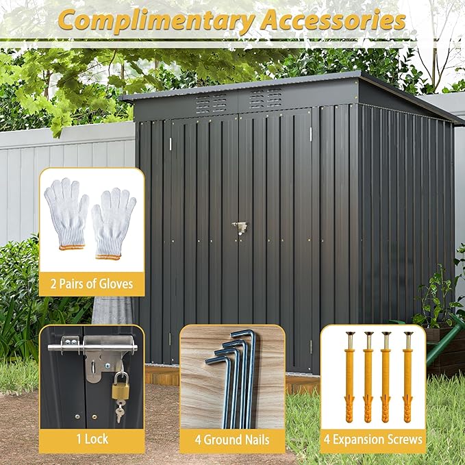 6x4 FT Outdoor Storage Shed, Metal Garden Shed with Frame Floor, Outside Tool Shed with Lockable Hinged Doors, Waterproof Storage Building with Sloped Roof for Backyard, Patio, Lawn, Black