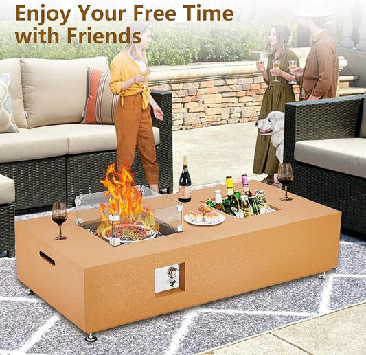 56 in Propane Fire Pit Table with Ice Bucket，50000BTU Fire Table with 13 in Square Drink Ice Bucket Wind Guard, Fire Glass Beads & CSA Safety Certified Outdoor Firepit for Patio Yard Garden(Orange)