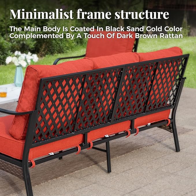 Patio Furniture Set with Firepit Table, Black Frame Outdoor Conversation Set with 2 x Fixed Chairs, 2 x Rocking Chairs, 1 x 3-Seat Sofa for Lawn Garden Backyard, Red