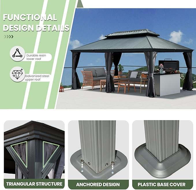Domi 12' X 18' Hardtop Gazebo, Upgraded Metal Gazebo with Dual-Layer Resin Roof, Drainage System, Curtain and Netting, Outdoor Shelter Canopy for Patio, Garden, and Backyard, Grey
