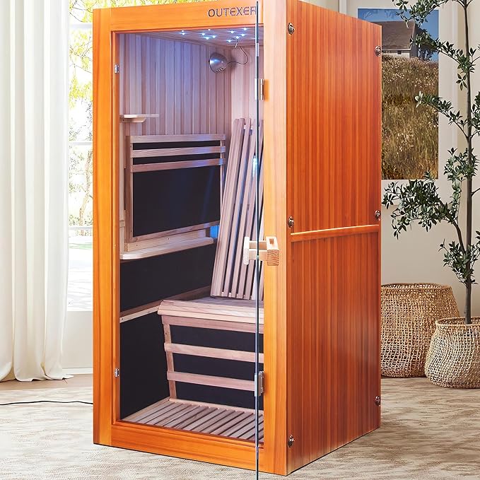 Infrared Sauna Home Traditional Sauna for Home Low EMF 1100W for 1 Person Relaxing Backboard with Control Panel, Bluetooth Speaker, Reading Lamp,Top Starry Sky (Ameican White Oak, 48"×33”×70“)