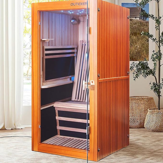 Infrared Sauna Home Traditional Sauna for Home Low EMF 1100W for 1 Person Relaxing Backboard with Control Panel, Bluetooth Speaker, Reading Lamp,Top Starry Sky (Ameican White Oak, 48"×33”×70“)