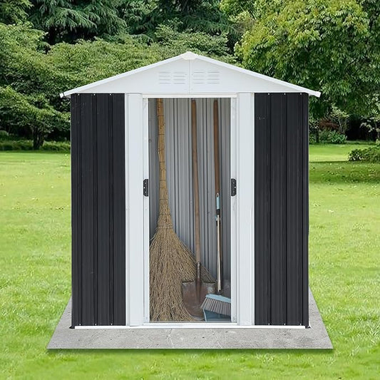 5x3 FT Outdoor Storage Shed with Base,Tool Shed with Sloped Roof and Sliding Door,All Weather Resistant Metal Shed for Backyard Garden Patio Lawn,Grey