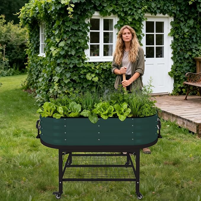 Oval Galvanized Raised Garden Bed Kit with Legs & Storage Rack for Patio, Easy Assembly, Thick Metal Outdoor Planter Box for Vegetables, Flowers, Patio Gardening, Green