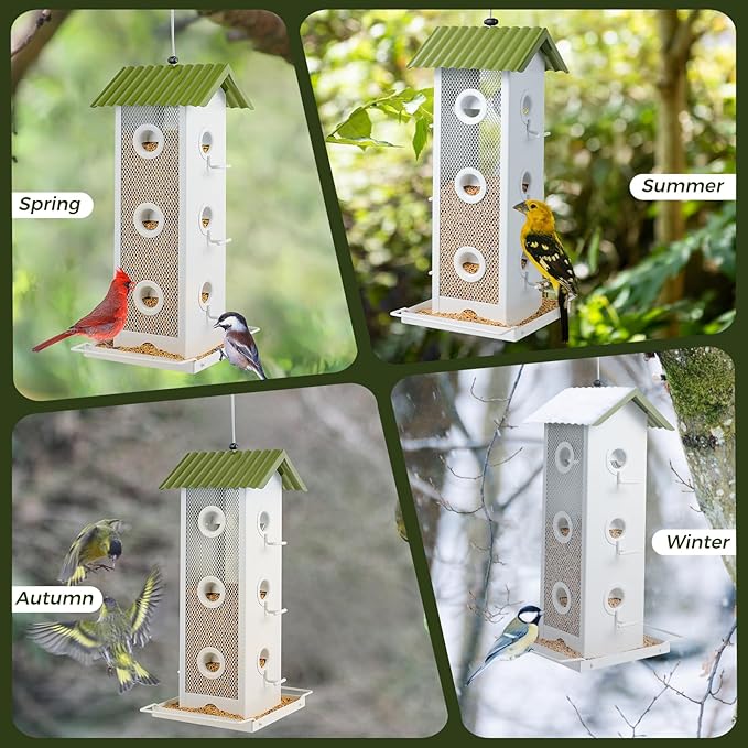 Shineforu All Metal Bird Feeder for Outdoors Hanging | 14-Port Multi-Bird Viewing | Premium Finish, Waterproof & Easy-Clean | Attracts Cardinals, Finches, Chickadees & More (Crisp White & Green)
