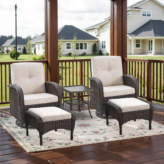 5 Piece Swivel Rocker Glider Outdoor Chairs Set of 2 with Ottoman and Glass Side Table Patio Bistro Furniture Set, Comfort High Back Wicker Patio Conversation Set for Deck Porch Sunroom