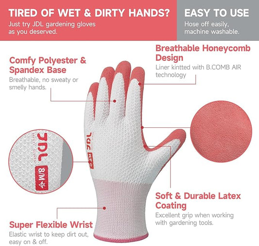 JDL Gardening Gloves for Women, 2 Pairs Breathable Latex Coated Yard Garden Gloves, Rubber Outdoor Protective Work Gloves with Grip, Pink, Small Size