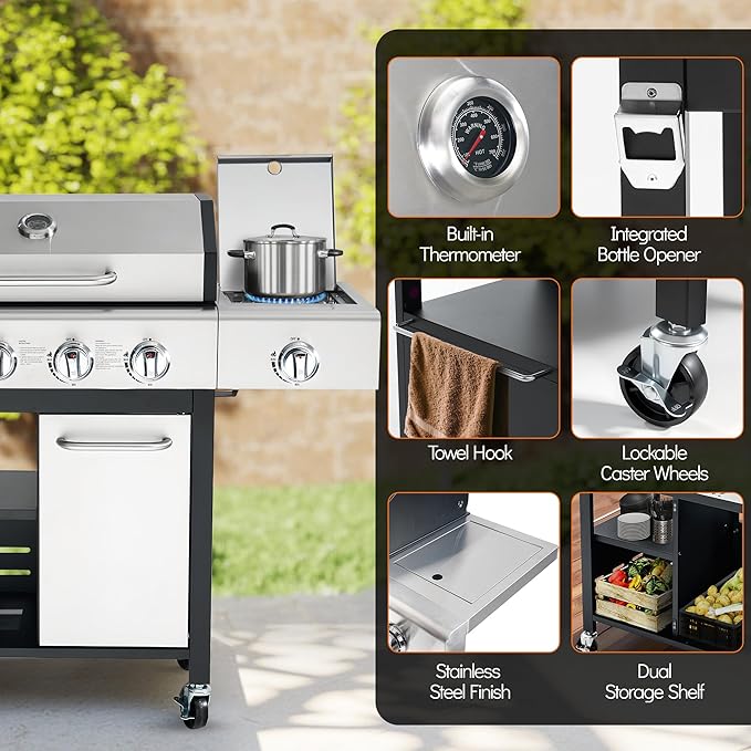 5-Burner Propane BBQ Grill with Side Burner, Each Main Burner 10,000 BTU, 50,000 BTU Total, Stainless Steel Outdoor Gas Grill, Porcelain Cast Iron Grates, Lockable Wheels for Backyard & Patio