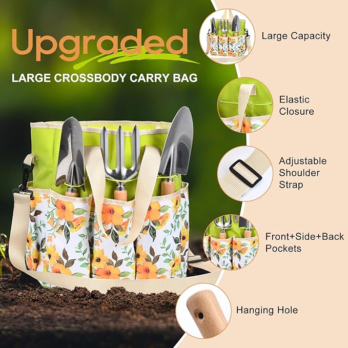 Gardening Tools Set, Gardening Gifts for Men Fathers Day, Heavy Duty Garden Hand Tools with Crossbody Garden Tote Bag, Rust-Proof Garden Tools for Yard Work Planting